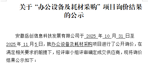 关于安徽岳创信息科技发展有限公司“办公设备及耗材采购”项目询价结果的公示