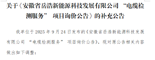 关于《安徽省岳浩新能源科技发展有限公司 “电缆检测服务” 项目询价公告》的补充公告