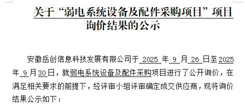 关于安徽岳创信息科技发展有限公司“弱电系统设备及配件采购”项目询价结果的公示