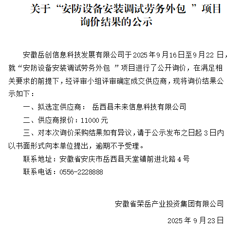 关于安徽岳创信息科技发展有限公司“安防设备安装调试劳务外包 ”项目询价结果的公示