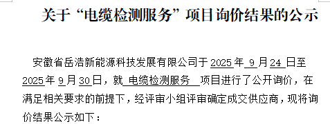关于安徽省岳浩新能源科技发展有限公司“电缆检测服务”项目询价结果的公示